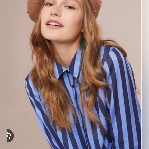 Maeve (Anthro) Breckenridge Blue Striped Button Down Shirt Blouse - Picture 1 of 8